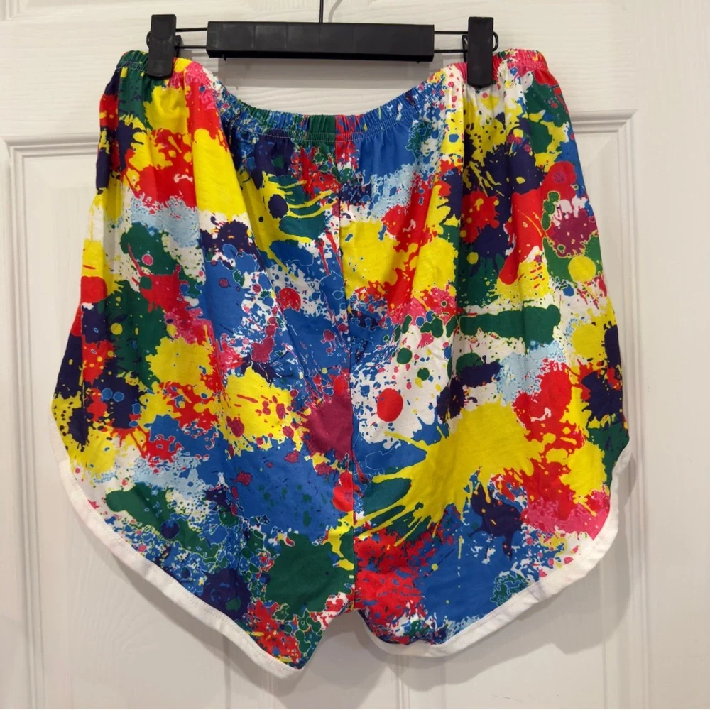 Rainbow Paint Splatter Effect Loose Fit Athletic Shorts w White Piping_2